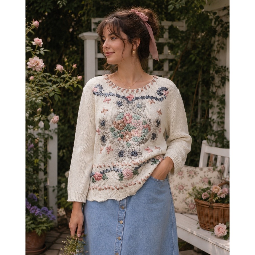 Shenanigans Floral Ribbon Embroidery Sweater Womens Small Cream Cottagecore
